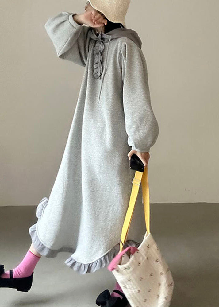 Loose Grey Hooded Ruffled Zippered Cotton Sweatshirt Dress Fall