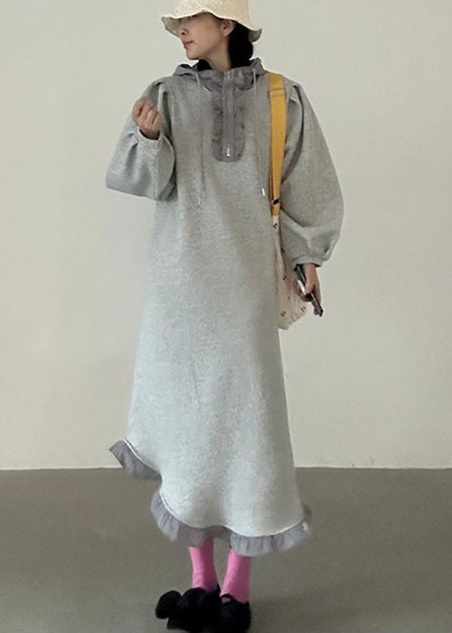 Loose Grey Hooded Ruffled Zippered Cotton Sweatshirt Dress Fall