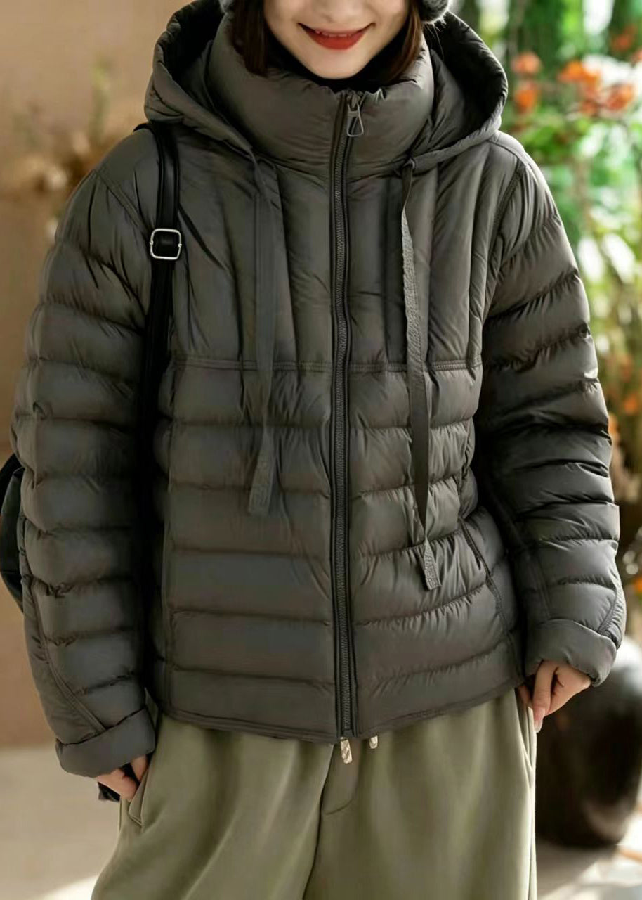 Loose Grey Hooded Stand Collar Pockets Cotton Filled Puffers Jackets Winter