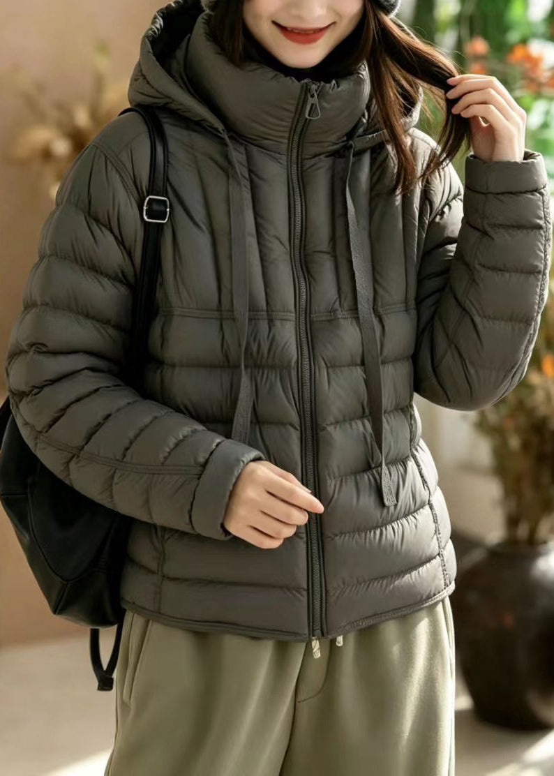 Loose Grey Hooded Stand Collar Pockets Cotton Filled Puffers Jackets Winter