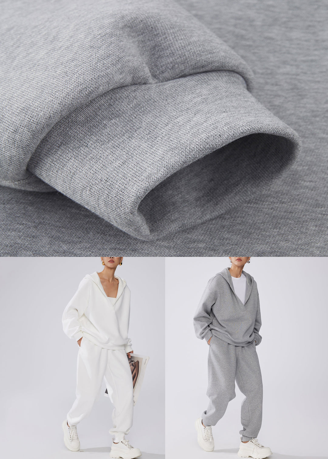 Loose Grey Hooded Sweatshirt And Pants Warm Fleece Two Pieces Set Winter