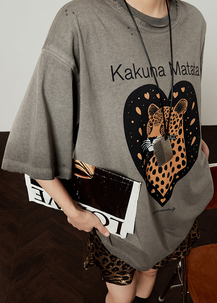 Loose Grey O Neck Animal Letter Cotton T Shirt Fall