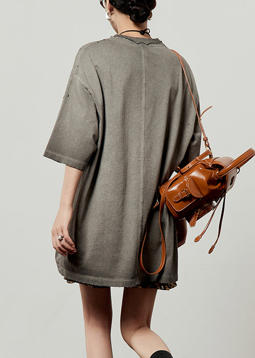 Loose Grey O Neck Animal Letter Cotton T Shirt Fall