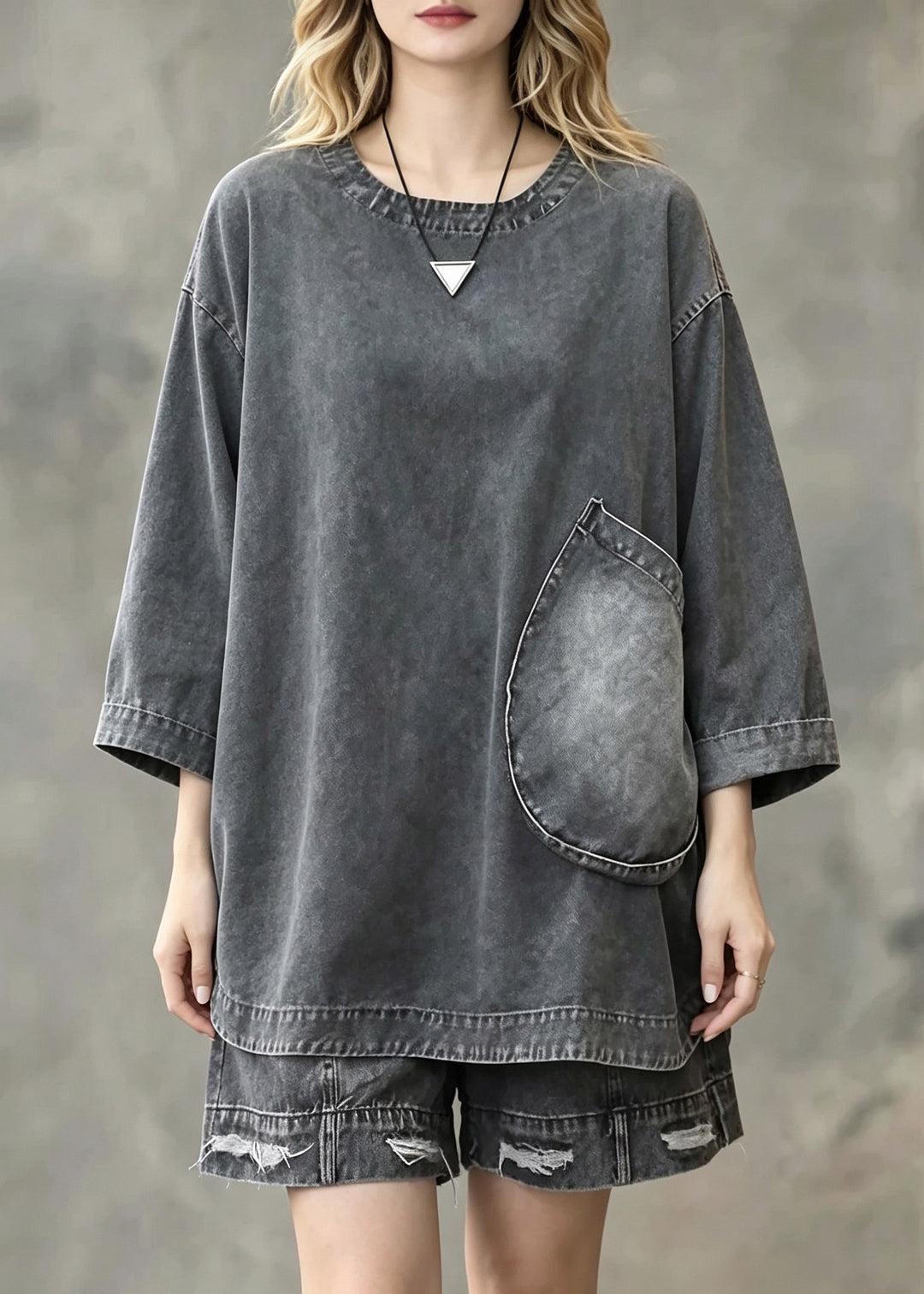 Loose Grey O-Neck Patchwork Denim Top And Shorts Two Pieces Set Long Sleeve