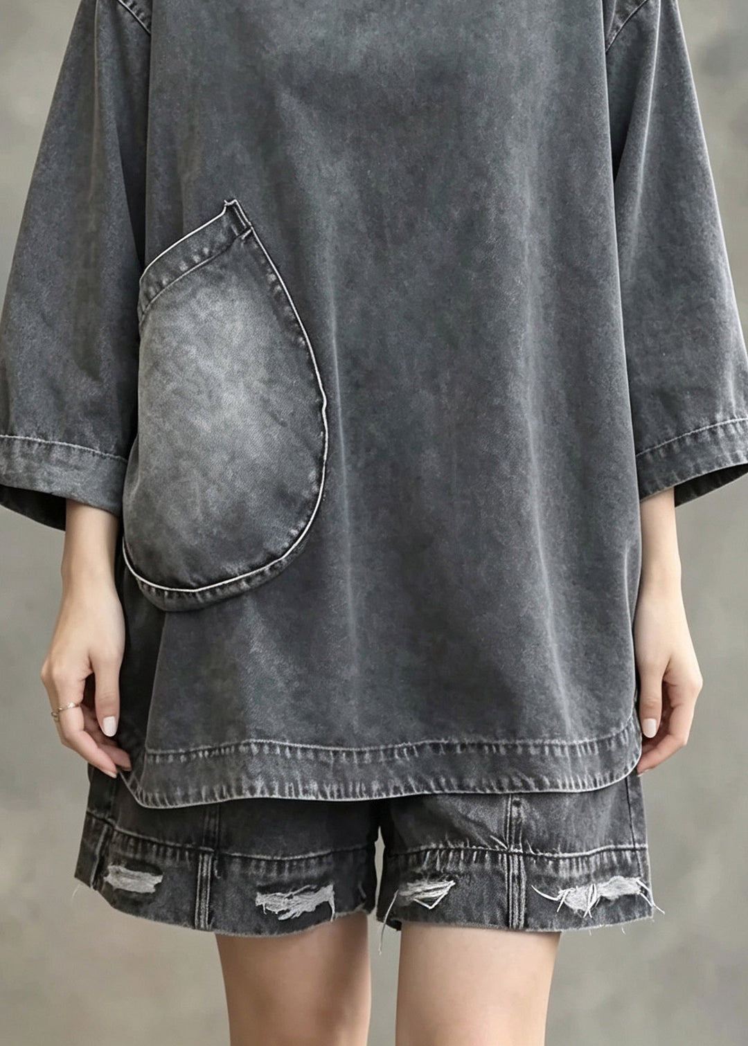 Loose Grey O-Neck Patchwork Denim Top And Shorts Two Pieces Set Long Sleeve