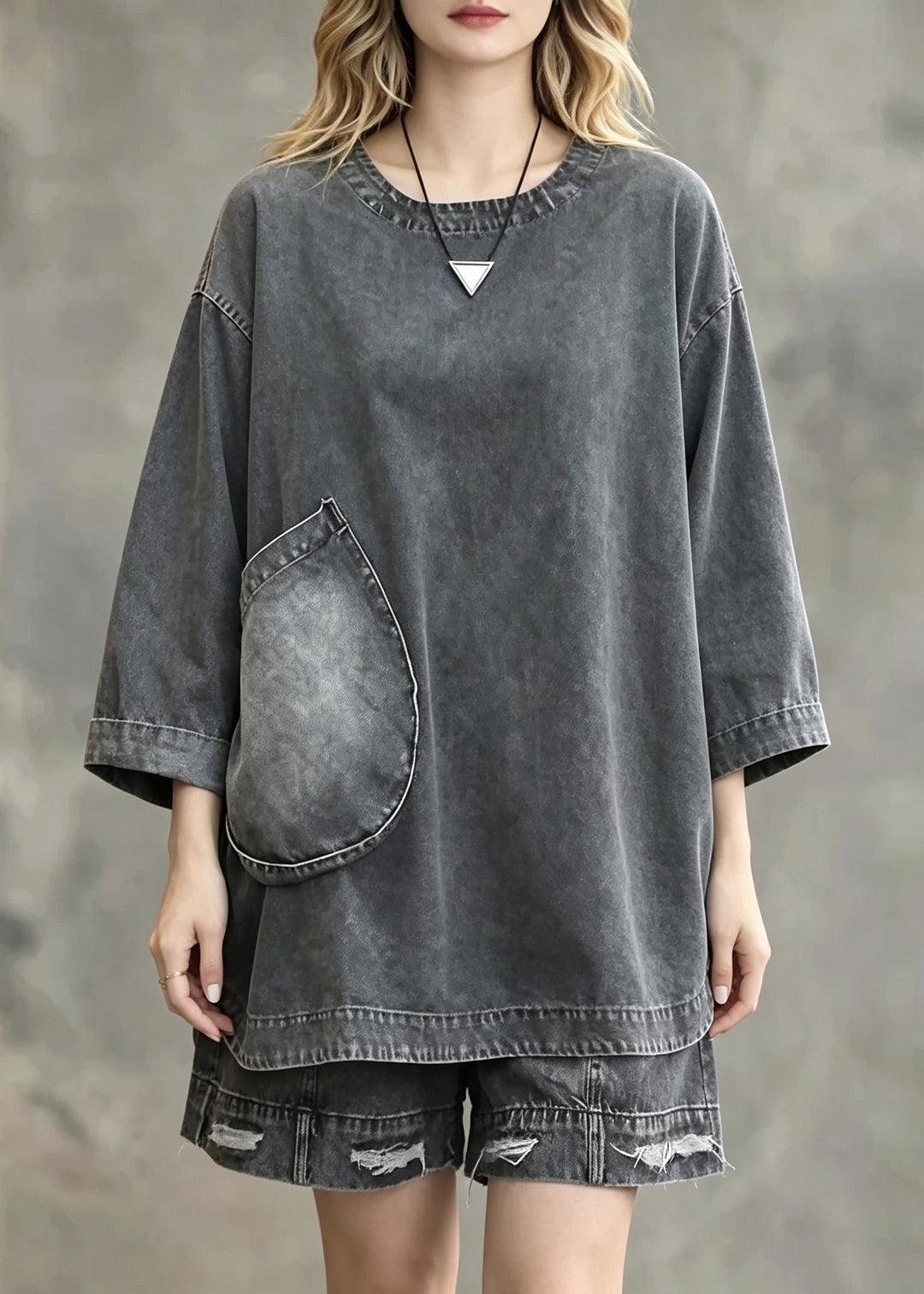 Loose Grey O-Neck Patchwork Denim Top And Shorts Two Pieces Set Long Sleeve