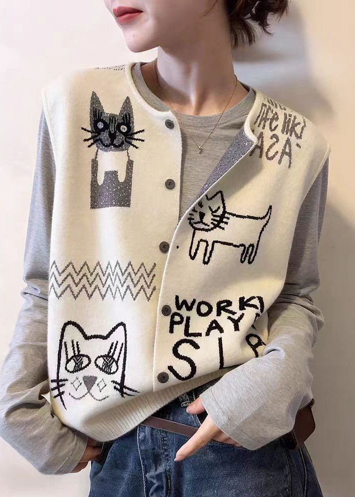 Loose Grey O-Neck Print Button Knitted Cotton Waistcoat Sleeveless