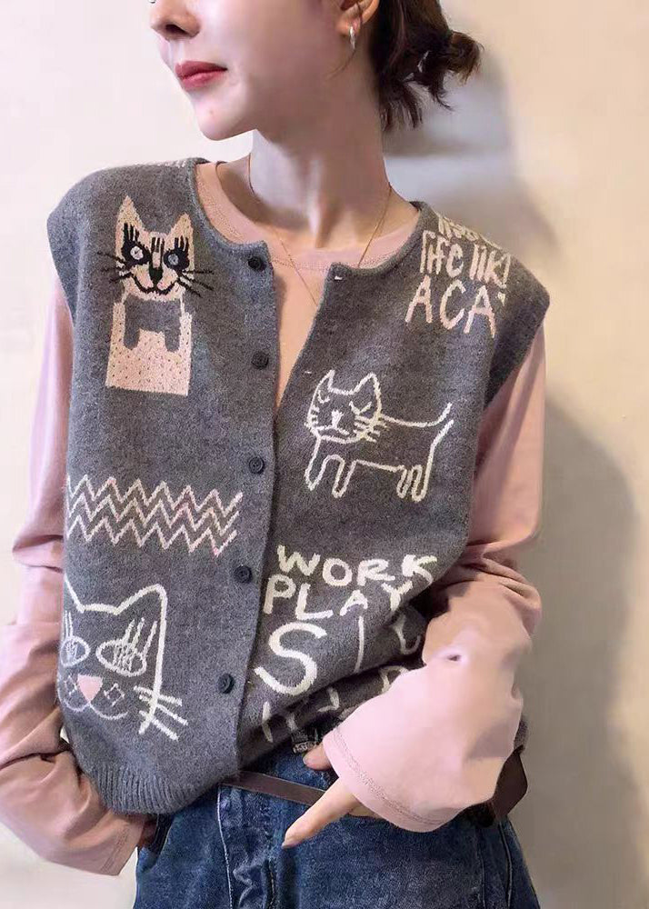 Loose Grey O-Neck Print Button Knitted Cotton Waistcoat Sleeveless