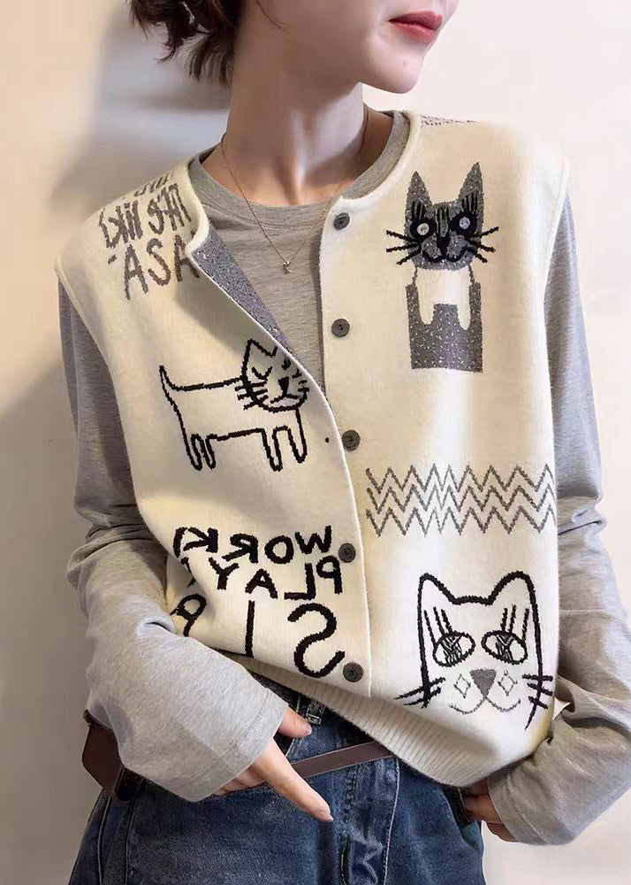 Loose Grey O-Neck Print Button Knitted Cotton Waistcoat Sleeveless