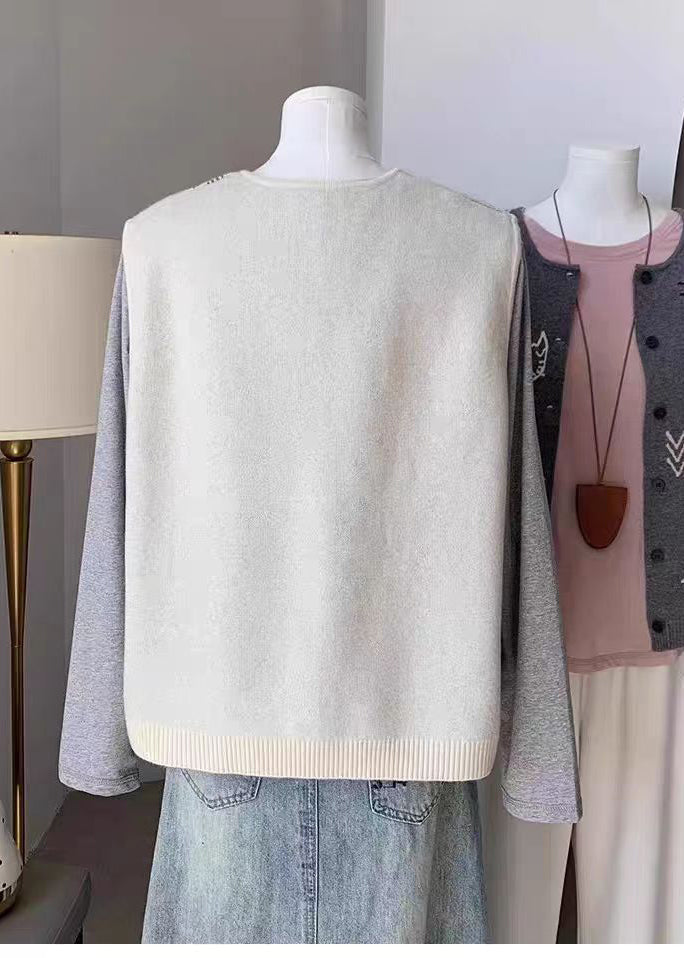 Loose Grey O-Neck Print Button Knitted Cotton Waistcoat Sleeveless
