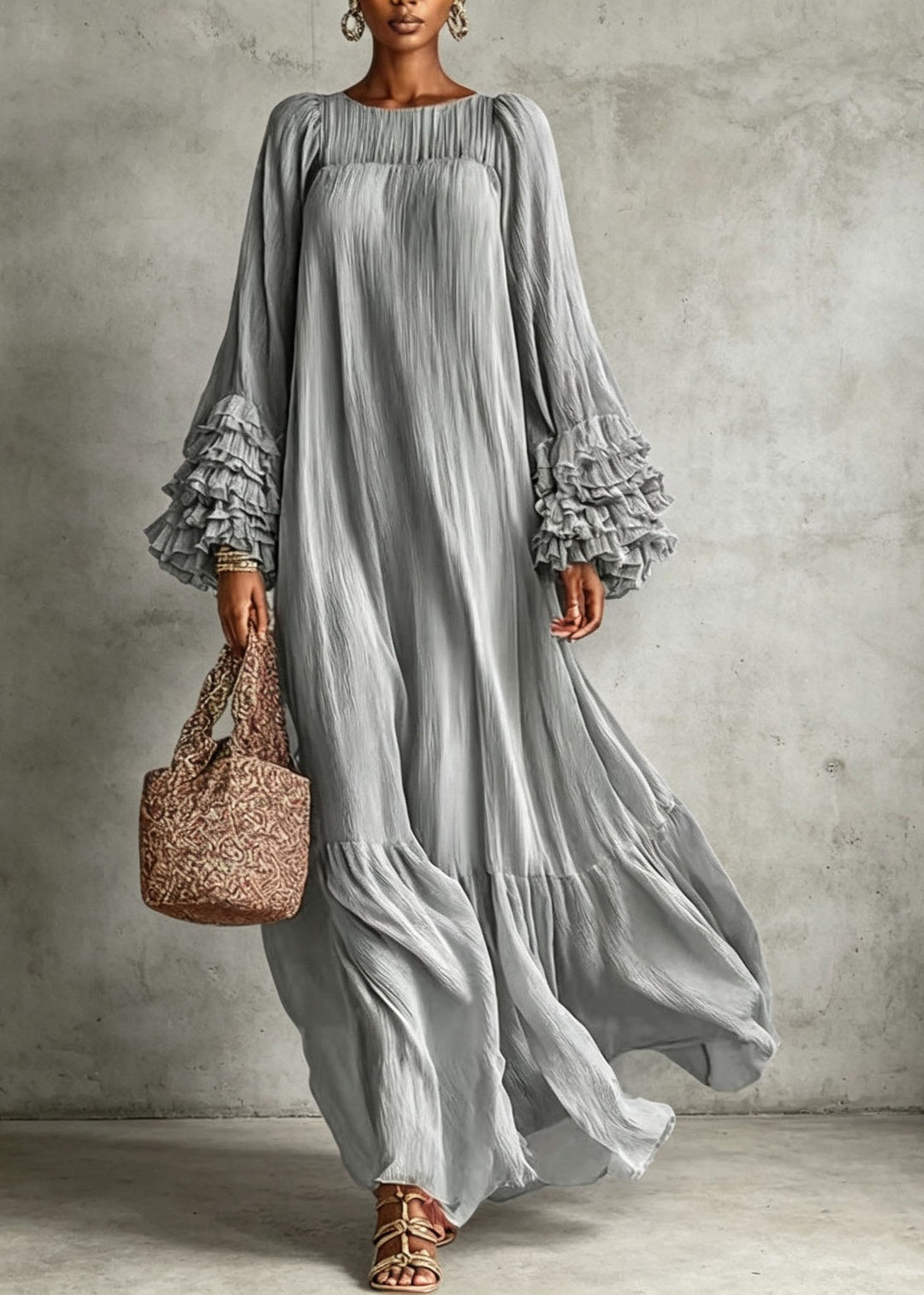 Loose Grey O Neck Ruffled Patchwork Cotton Long Dresses Fall