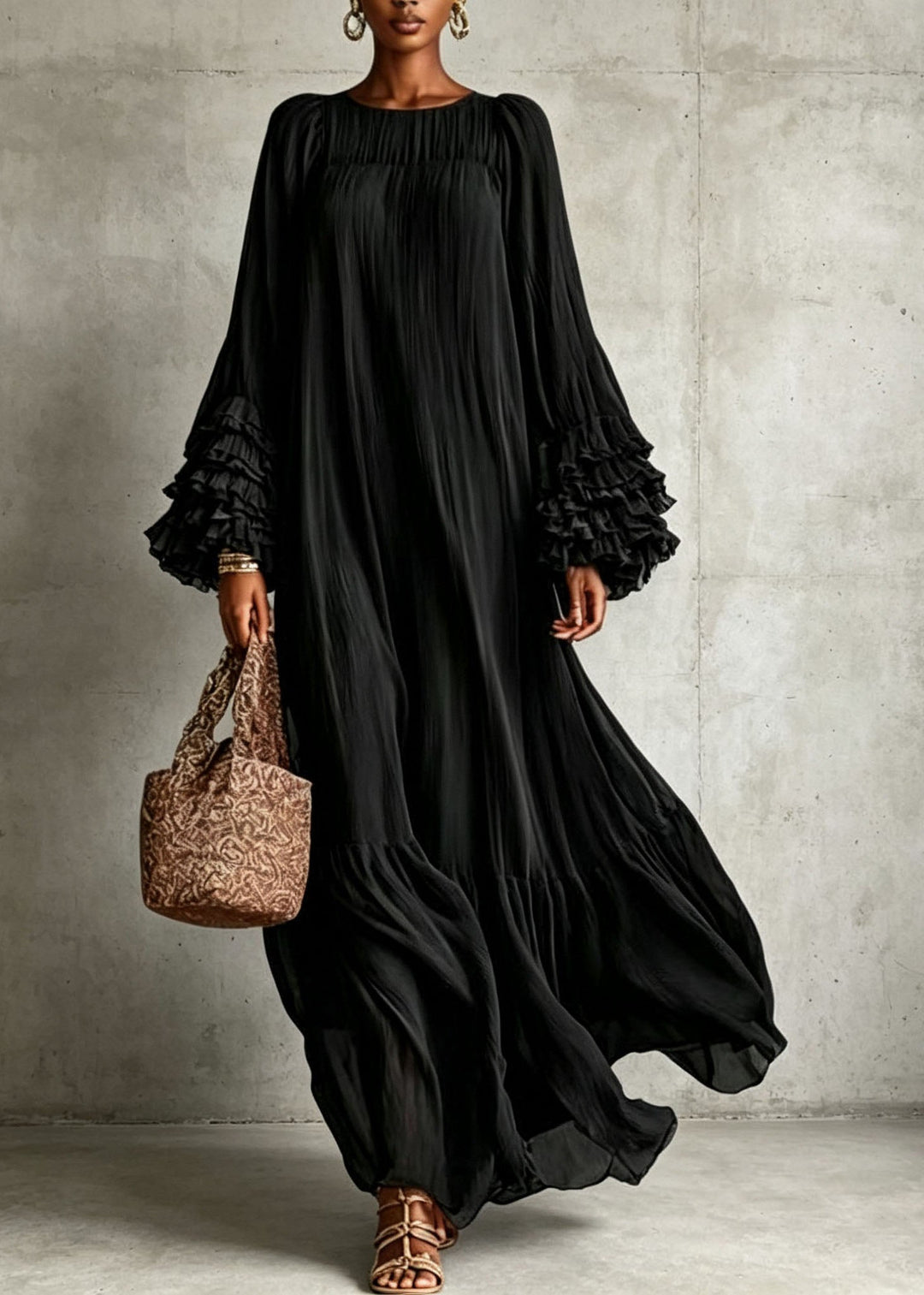 Loose Grey O Neck Ruffled Patchwork Cotton Long Dresses Fall