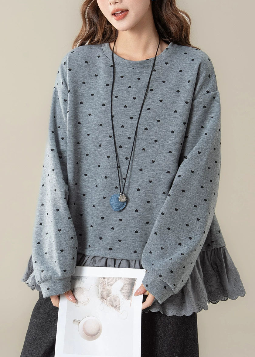 Loose Grey O-Neck Ruffled Streetwear Long Sleeve