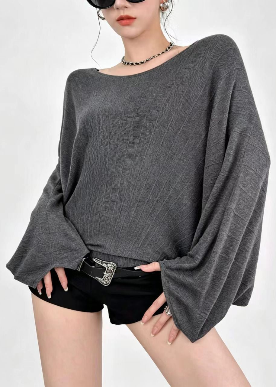Loose Grey O-Neck Sheer Knit Shirts Batwing Sleeve