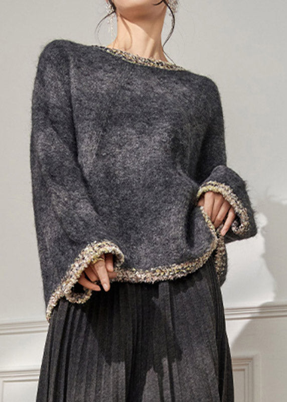 Loose Grey O-Neck Thick Cotton Knit Sweater Flare Sleeve