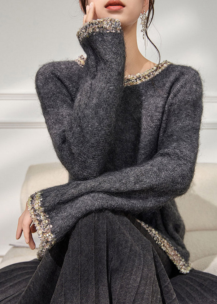 Loose Grey O-Neck Thick Cotton Knit Sweater Flare Sleeve