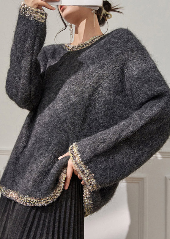 Loose Grey O-Neck Thick Cotton Knit Sweater Flare Sleeve