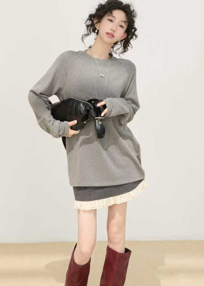 Loose Grey O-Neck Tie Dye Cotton Shirt Spring