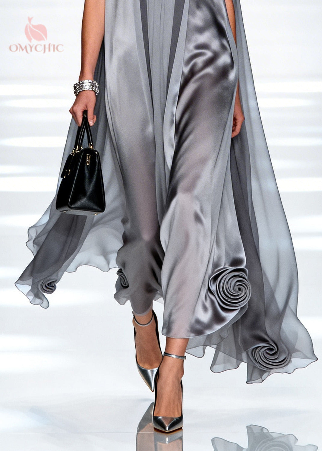 Loose Grey Oversized Stereoscopic Floral Chiffon Long Dress Sleeveless