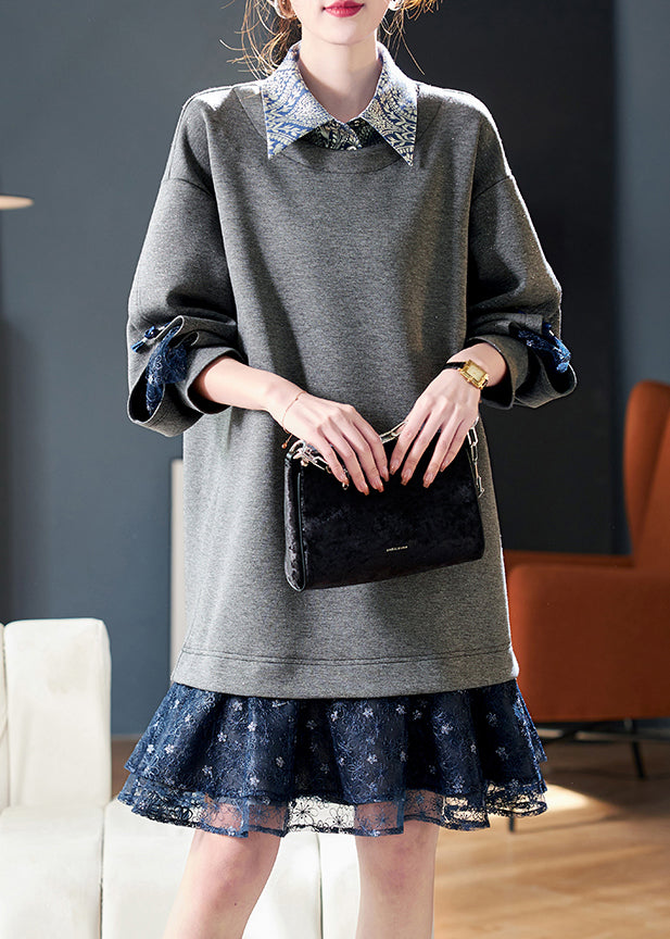 Loose Grey Peter Pan Collar Patchwork False Two Pieces Cotton Mid Dress Fall