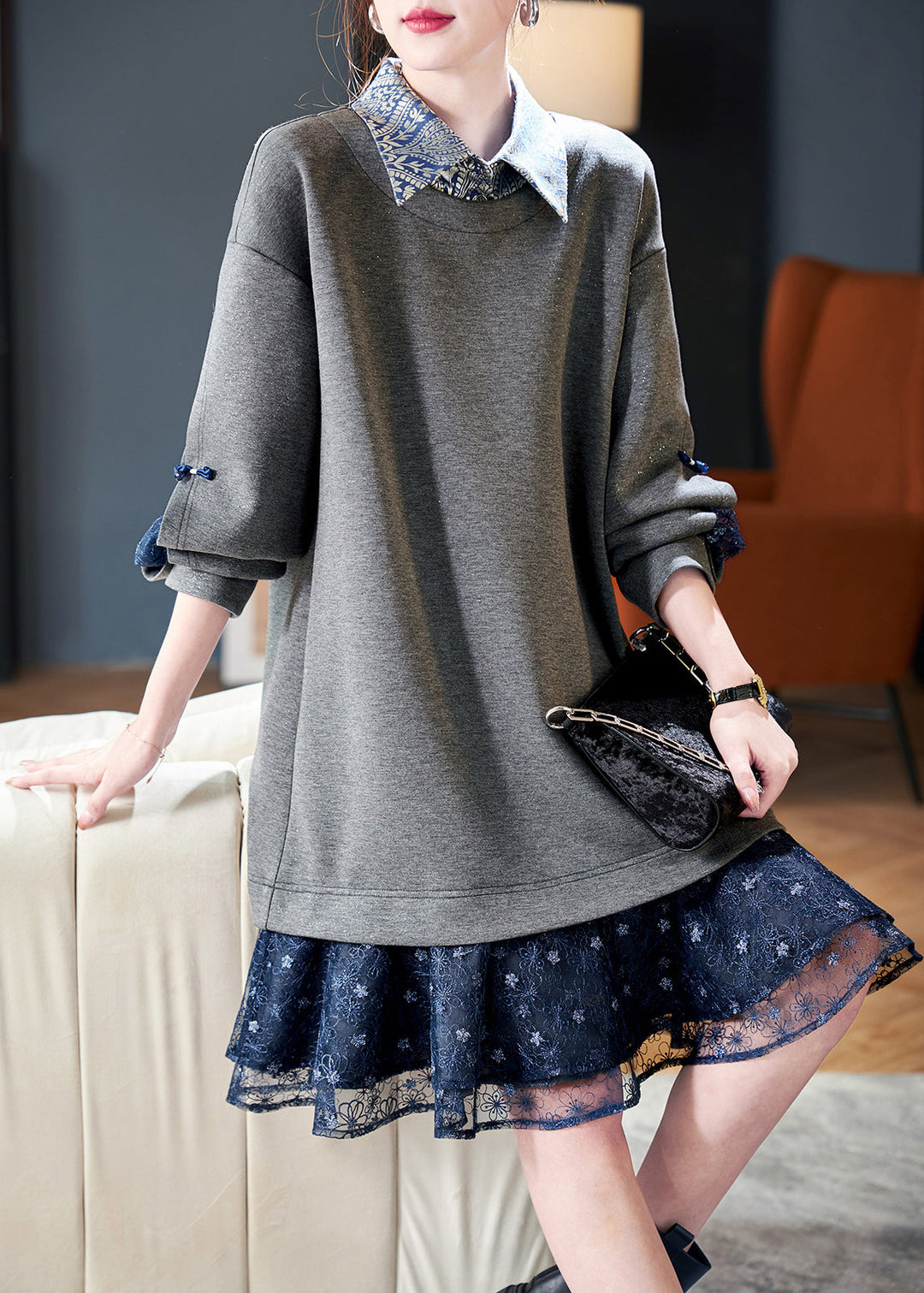 Loose Grey Peter Pan Collar Patchwork False Two Pieces Cotton Mid Dress Fall