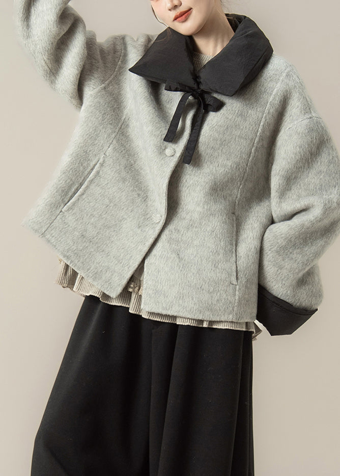 Loose Grey Peter Pan Collar Patchwork Woolen Coat Winter