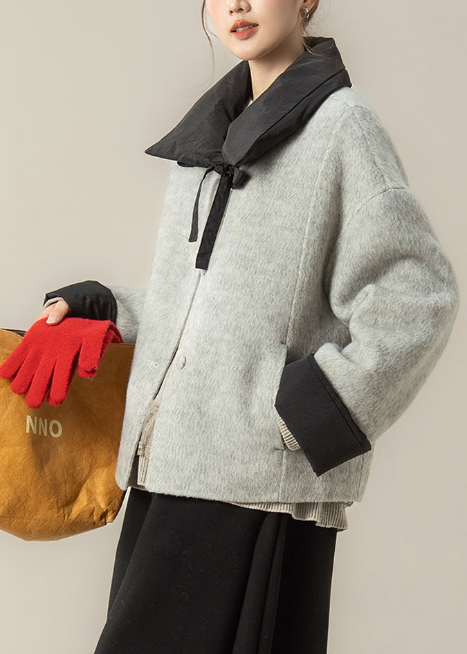 Loose Grey Peter Pan Collar Patchwork Woolen Coat Winter