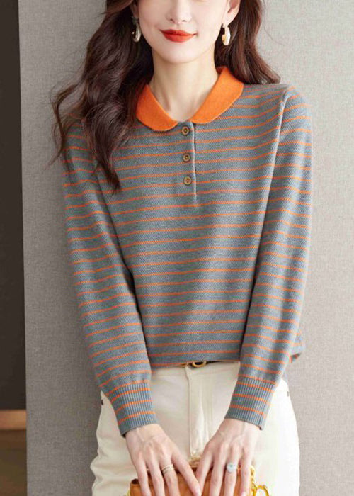 Loose Grey Peter Pan Collar Striped Knit Sweater Fall