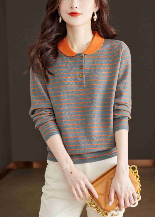 Loose Grey Peter Pan Collar Striped Knit Sweater Fall