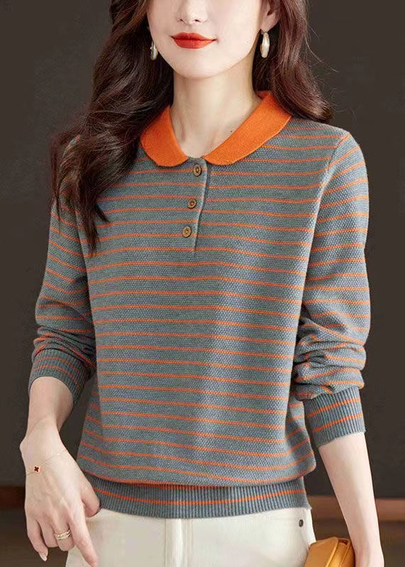 Loose Grey Peter Pan Collar Striped Knit Sweater Fall