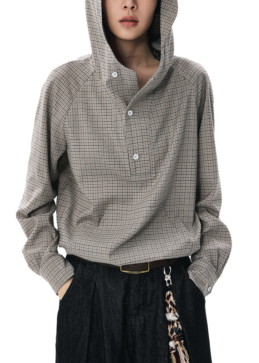 Loose Grey Plaid Patchwork Button Hooded Shirt Long Sleeve