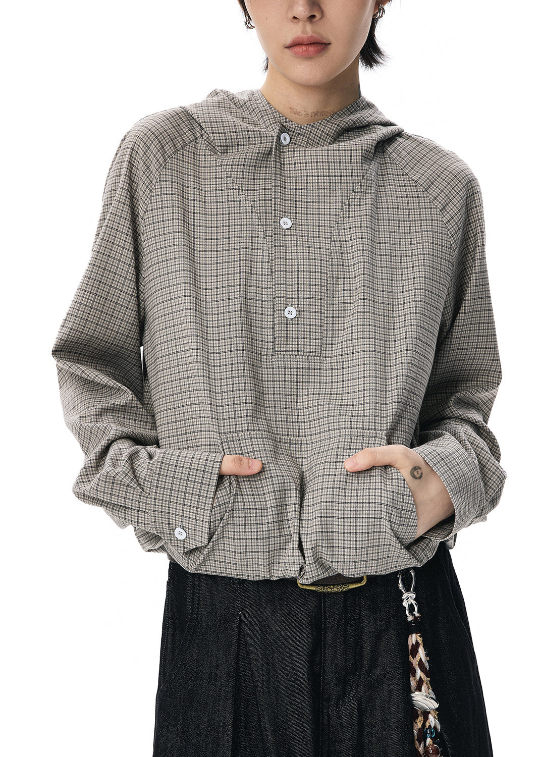 Loose Grey Plaid Patchwork Button Hooded Shirt Long Sleeve