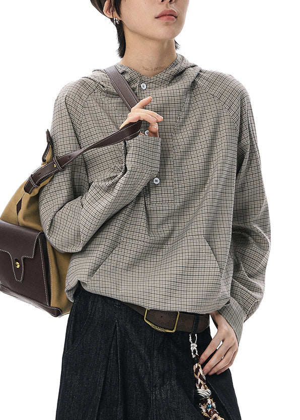 Loose Grey Plaid Patchwork Button Hooded Shirt Long Sleeve