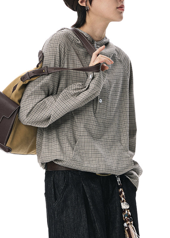Loose Grey Plaid Patchwork Button Hooded Shirt Long Sleeve