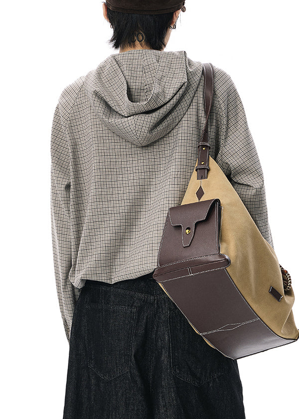 Loose Grey Plaid Patchwork Button Hooded Shirt Long Sleeve