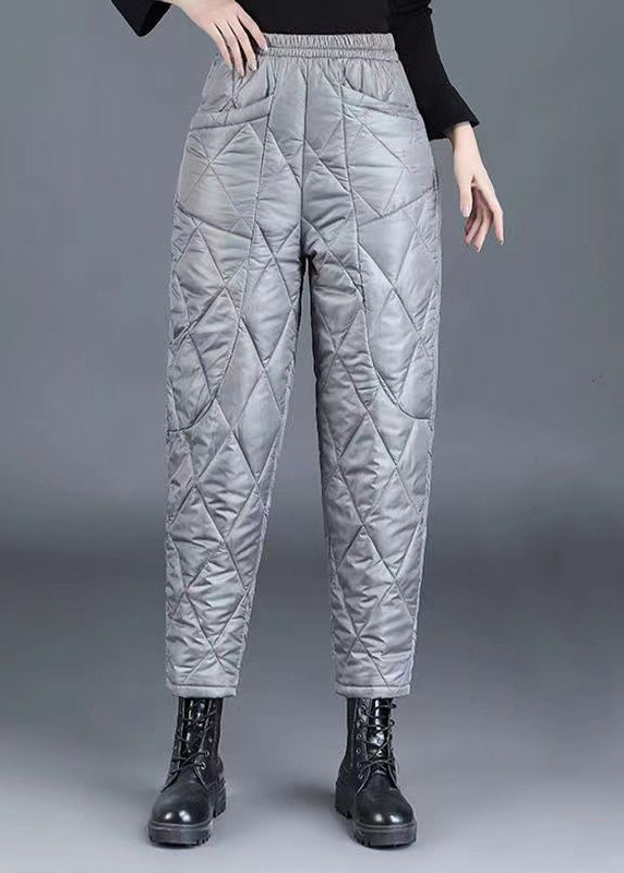 Loose Grey Plaid Pockets Elastic Waist Fine Cotton Filled Crop Pants Winter