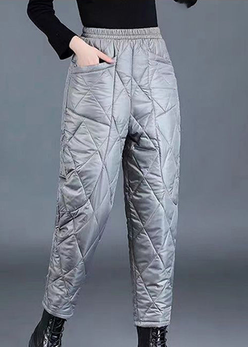 Loose Grey Plaid Pockets Elastic Waist Fine Cotton Filled Crop Pants Winter
