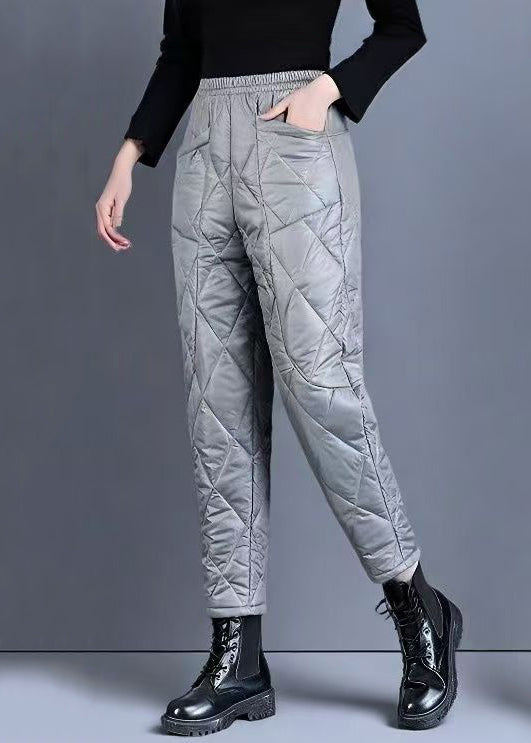 Loose Grey Plaid Pockets Elastic Waist Fine Cotton Filled Crop Pants Winter