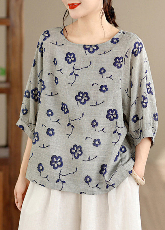 Loose Grey Print Tops O-Neck Half Sleeve