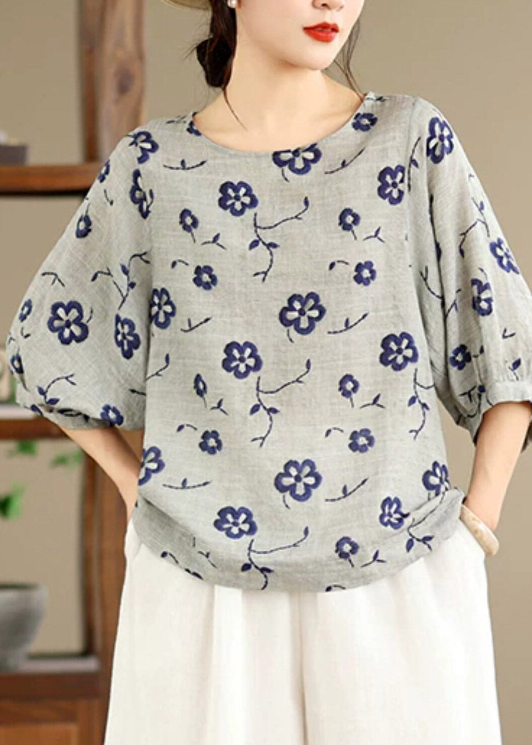 Loose Grey Print Tops O-Neck Half Sleeve