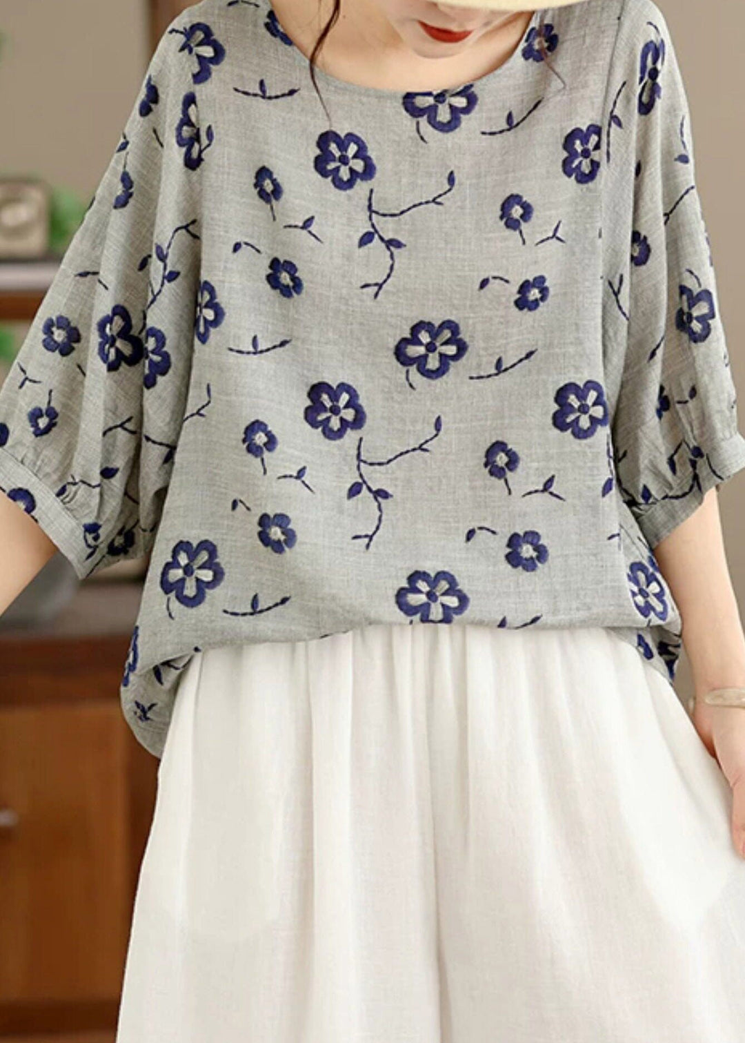 Loose Grey Print Tops O-Neck Half Sleeve