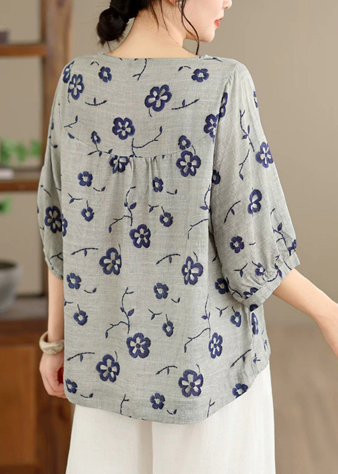 Loose Grey Print Tops O-Neck Half Sleeve