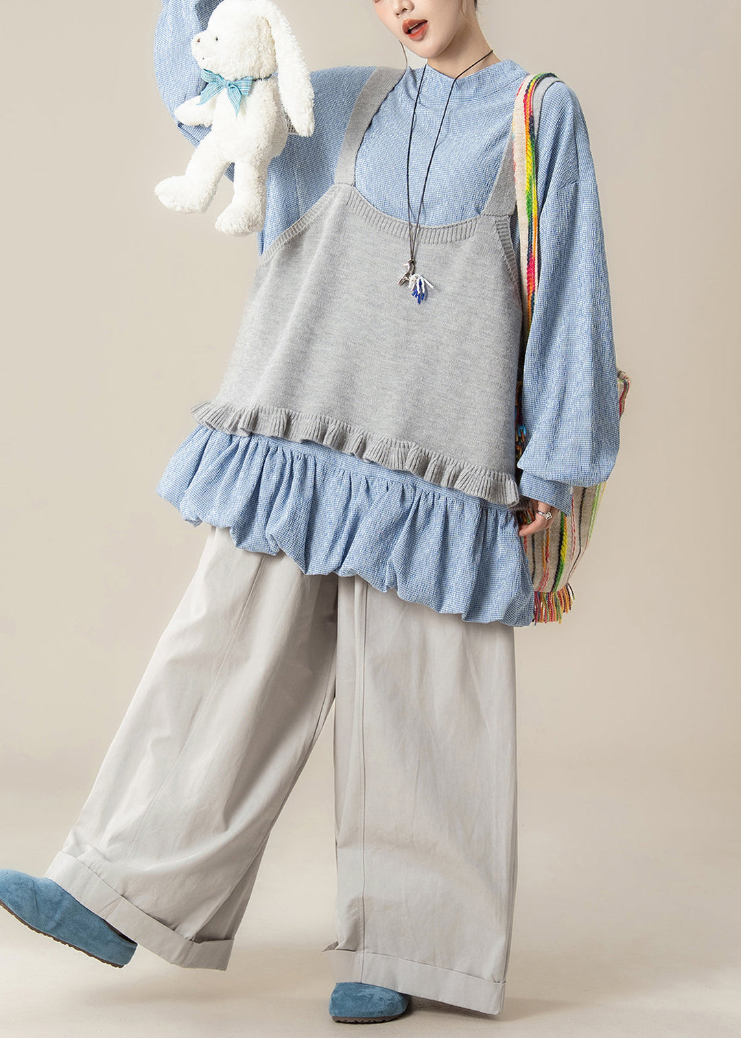 Loose Grey Ruffled Knit Vest Blue Lace Up Tops And Pants Cotton Three Piece Set Fall