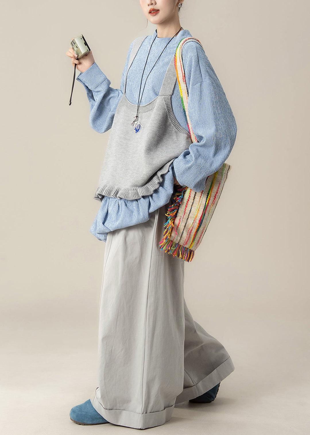 Loose Grey Ruffled Knit Vest Blue Lace Up Tops And Pants Cotton Three Piece Set Fall