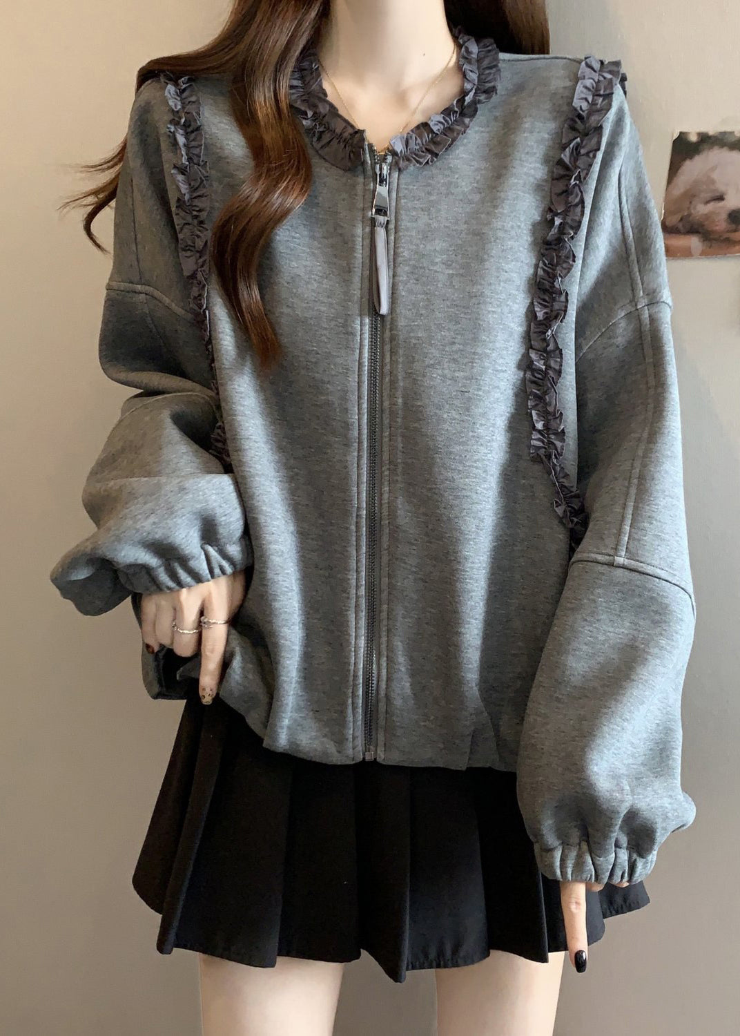 Loose Grey Ruffled Zippered Cotton Coats Fall