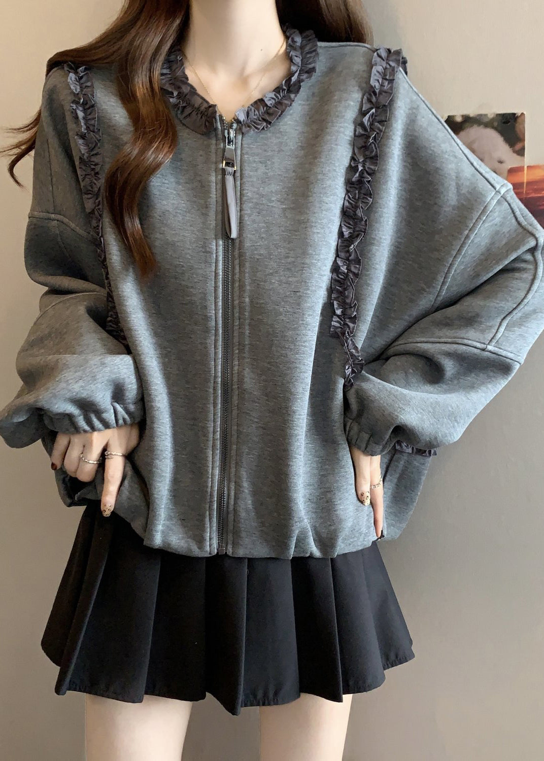 Loose Grey Ruffled Zippered Cotton Coats Fall