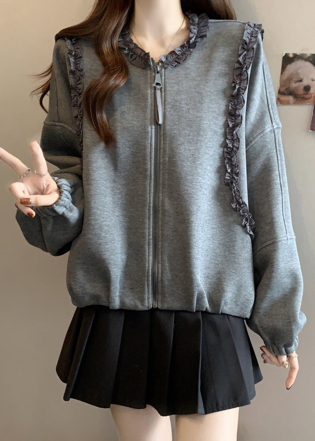 Loose Grey Ruffled Zippered Cotton Coats Fall