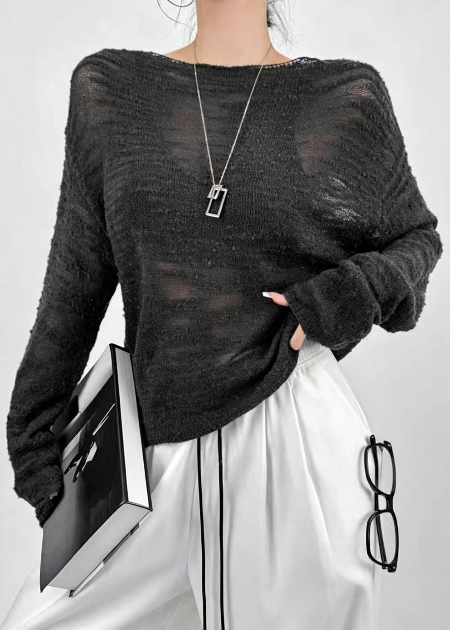 Loose Grey Sheer Knit Sweater Tops Fall