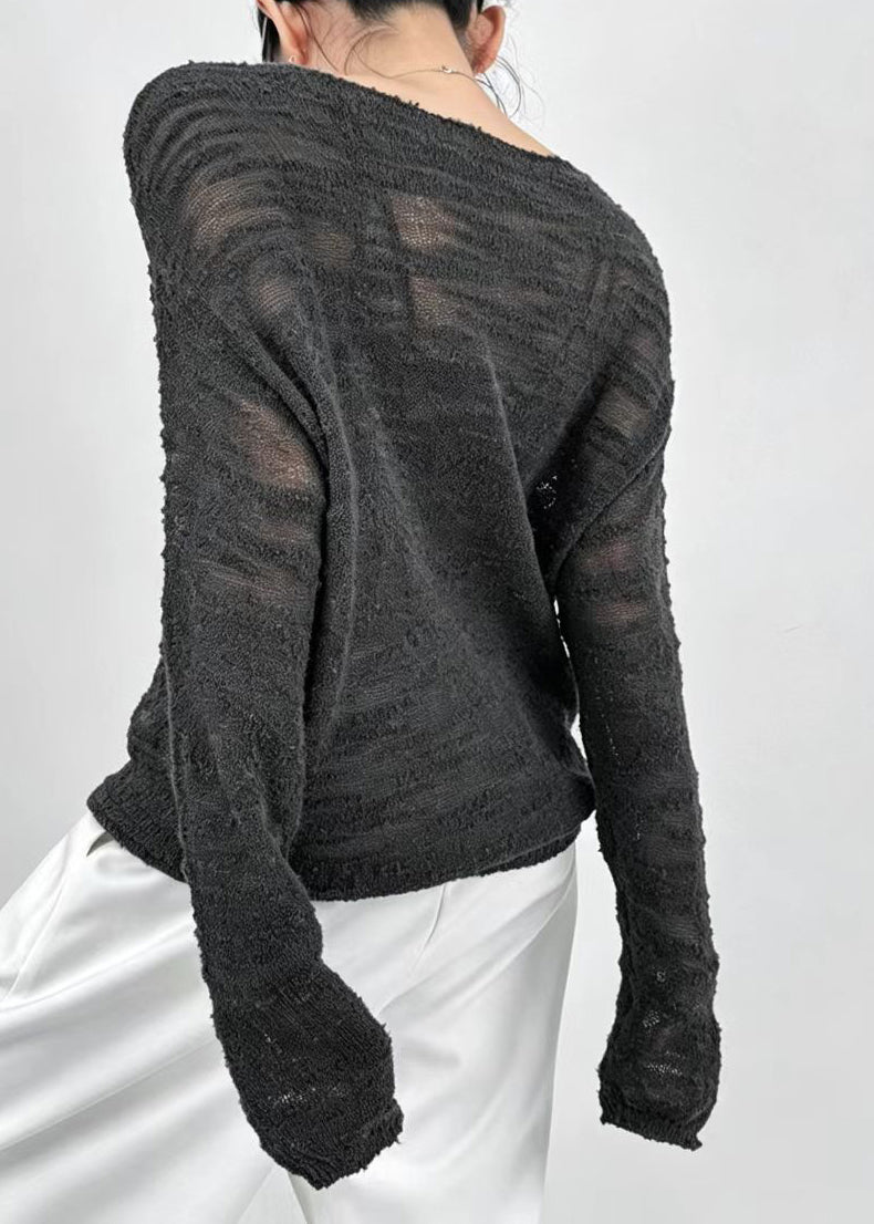 Loose Grey Sheer Knit Sweater Tops Fall