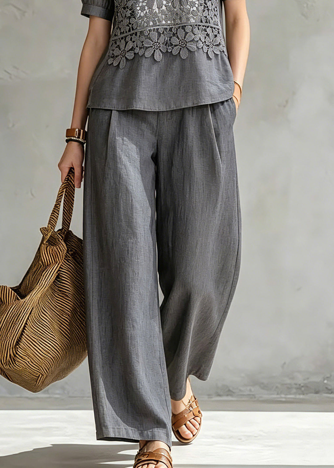 Loose Grey Stand Collar Floral Shirt And Wide Leg Pants Two Pieces Set Summer